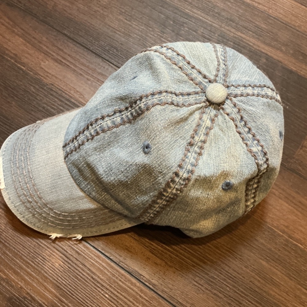 Olive & Pique Distressed Denim Baseball Cap Light Wash Leather Strap OSFM Hat
